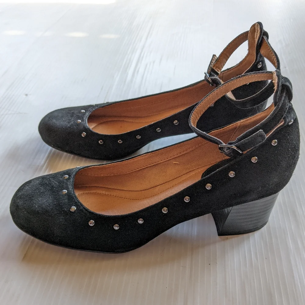MONTANA Carg Silver Studded Black Suede Ankle Strap Block Heel Pumps size 7